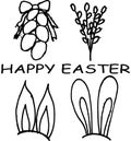 Easter, spring religious holiday, cake, easter dyes, easter bunny, willow twigs, basket, illustration for poster print, towel prin